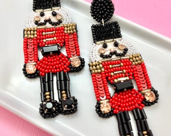 Red and Black Nutcracker Beaded Earrings, Christmas Earrings, Stocking Stuffers, Secret Santa Gift, Christmas Party, White Elephant Gift