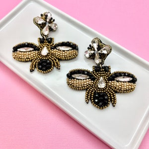 Large Glitz Beaded Bee Earrings, Gifts for Her, Mother&#39;s Day Gift Idea, Gift for Mom, Teacher Gift Idea, Bumble Bee, Designer Earrings