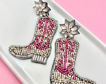 Pink and Silver Cowgirl Cowboy Boot Beaded Earrings, Rodeo, Western, Nashville, Christmas, Gift Idea, Gift Idea for Mom, Mother's Day Gift