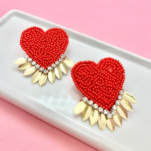 Red Spiked Heart Beaded Earrings, Valentines Day Earrings, Valentines Day Gift, Heart Earrings, Barbiecore, Gift Idea for Her, Statement