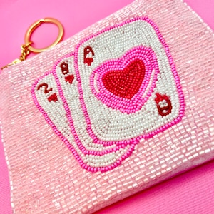 Rosa und Rote Karten Perlen Münzbeutel mit Schlüsselring, Valentinstag Tasche, Valentinstag Geschenk, Valentinstag Schmuck, Herzkönigin