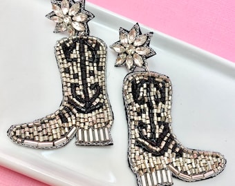 Black and Silver Cowgirl Cowboy Boot Beaded Earrings, Rodeo, Western, Nashville, Cowboy Boot Earrings, Gift Idea for Mom, Mother's Day Gift
