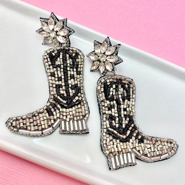 Black and Silver Cowgirl Cowboy Boot Beaded Earrings, Rodeo, Western, Nashville, Cowboy Boot Earrings, Gift Idea for Mom, Mother's Day Gift