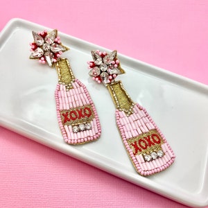 XO Champagne Rose Beaded Valentines Day Earrings, Valentines Earrings, Woman&#39;s Earrings, Holiday Earrings, Gifts for Her, xo