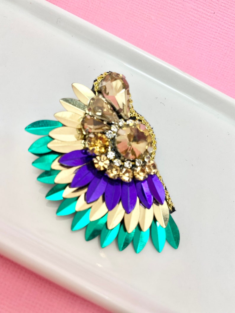Beaded Crystal Mardi Gras Wing Earrings, Mardi Gras Earrings, Mardi Gras Jewelry, Fat Tuesday Earrings, New Orleans Earrings, Gifts for Her image 2