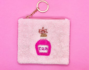 Beaded Coin Purse with Pink Tequila Bottle on front and Gold Keyring Zipper
