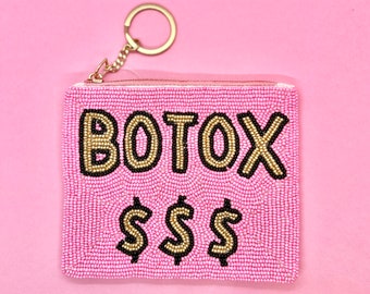 Pink Beaded Botox Money Coin Purse with Keyring, Valentines Day Bag, Valentines Gift, Galentines, Botox Party