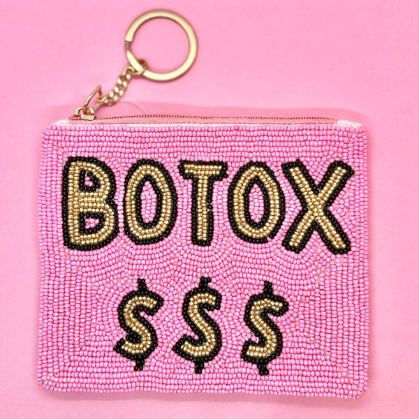 Pink Beaded Botox Money Coin Purse with Keyring, Valentines Day Bag, Valentines Gift, Galentines, Botox Party