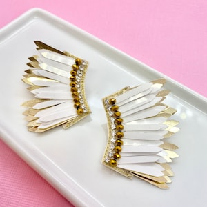 White and Gold Mini Wing Earrings, Angel Wing Earrings, Winged, Statement, Homecoming, Prom, Formal, Mother&#39;s Day Gift, Gift Idea for Mom
