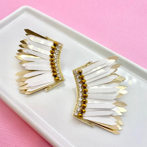 White and Gold Mini Wing Earrings, Angel Wing Earrings, Winged, Statement, Homecoming, Prom, Formal, Mother's Day Gift, Gift Idea for Mom