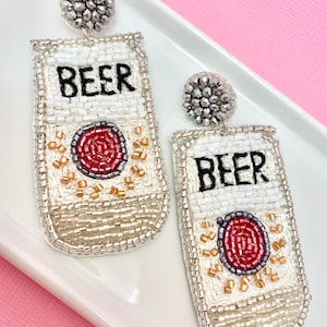 Beaded Beer Can Earrings, Alcohol, College, Greek, Party, Rush, Beer Earrings, 4th of July Earrings, USA Earrings, Beer Lover Gift, Beer Mug