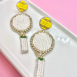 Tennis Racket with Ball Beaded Earrings, Gift Idea for Mom, Tennis Lover, Gift for Tennis Player, Tennis Coach Gift, Mother&#39;s Day Gift Idea