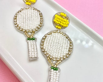 Tennis Racket with Ball Beaded Earrings, Gift Idea for Mom, Tennis Lover, Gift for Tennis Player, Tennis Coach Gift, Mother's Day Gift Idea
