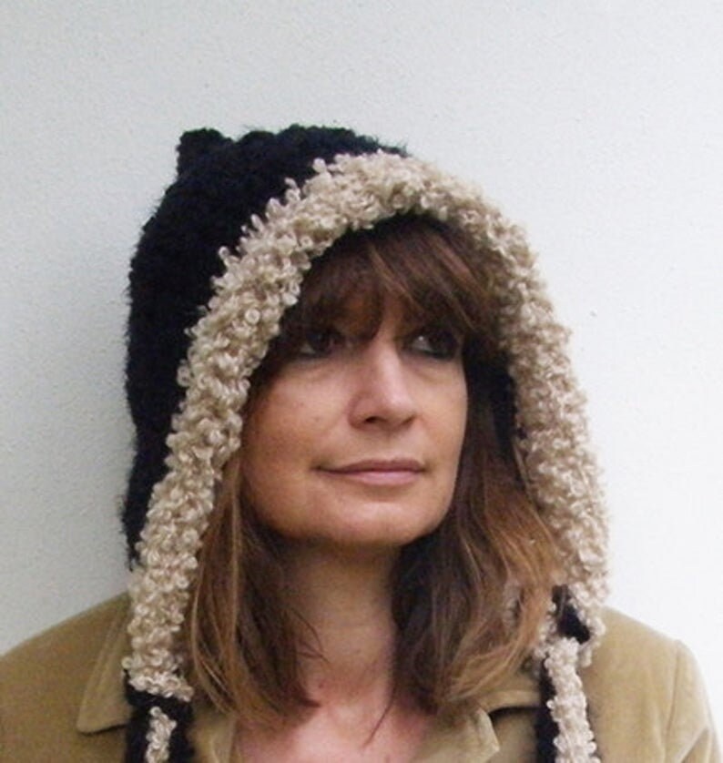 Hat for Women in Black and Beige Bouclé Wool Warm Handmade Etsy