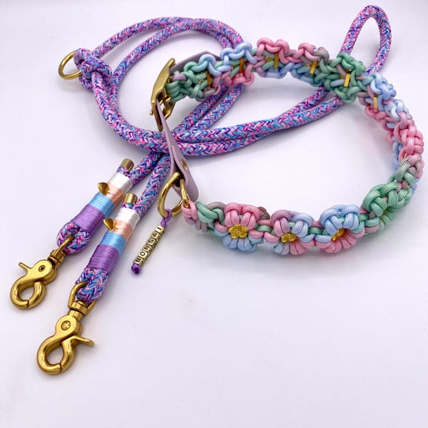 Desde 35 €. Collar floral personalizado con adaptador BioThane®. Collar. Correa para perro. Juego de cuerdas. Rosa. Rosa. Boda. Regalo de cumpleaños.