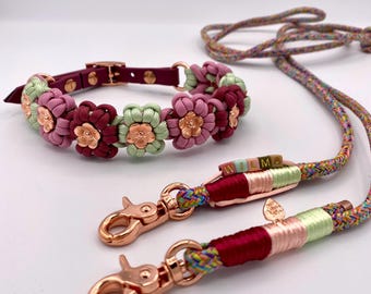 From €35. Custom-made flower collar with BioThane® adapter. Collar. Dog leash. Rope set. Pink. Rose. Wedding. Birthday gift.