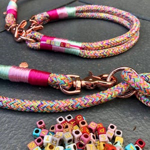 From 15 euros. Custom-made dog collar. Dog leash. Harness. Rope set personalized with name. Small and large dogs. Pink.