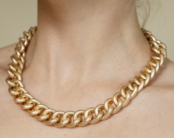 Chunky Gold Curb Chain Choker, Gold Curb Chain Necklace, Chunky Gold Cuban Chain Necklace, Fashion Gold Interlock Chain Necklace
