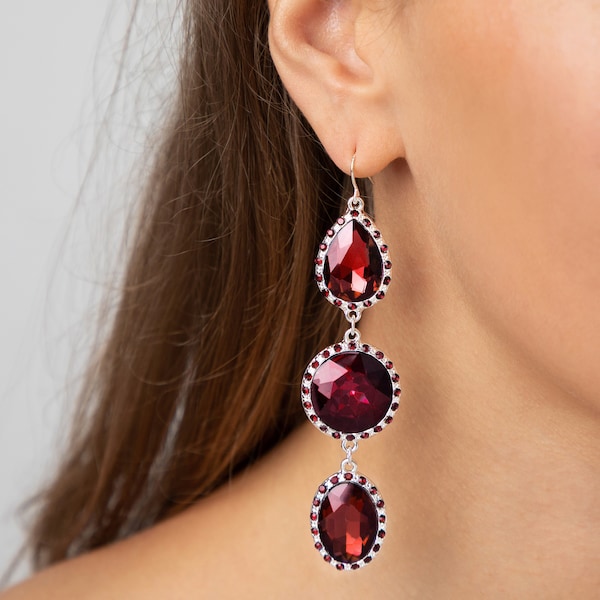 Drop Earrings | Ruby Earrings | Red Crystal Earrings | Dangling Earrings | Silver | Red Long Drop Earrings | Bridal Earrings