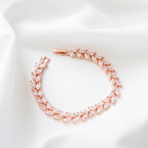 Bridesmaid Bracelet Gift | Rose Gold Leaf Crystal Bracelet For Women | Rose Gold Bracelet For Women And Teen Girls | Sparkly Bracelet
