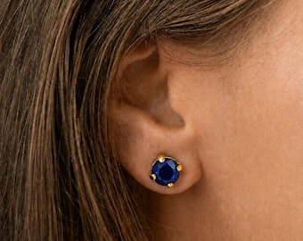 Sapphire Blue Swarovski Crystal Stud Earrings: Dainty Silver Earrings (8mm)