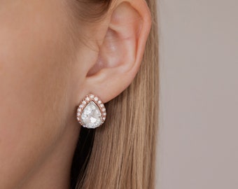 Large Crystal Teardrop Bridal Earrings Crystal encrusted rose gold teardrop stud earrings Teardrop Crystal and Sterling Silver Earrings