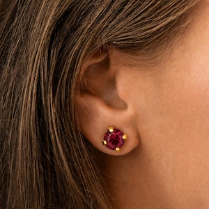 Ruby Red Swarovski Crystal Stud Earrings - Dainty Silver or Gold