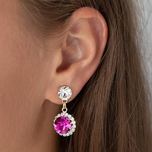 Pendientes colgantes de cristal Swarovski fucsia dorados hechos a mano