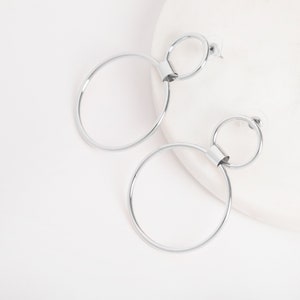 Chic and Modern Silver Double Hoop Earrings, Statement Silver Double Hoop Drop Earrings, Double Hoop Drop Earrings