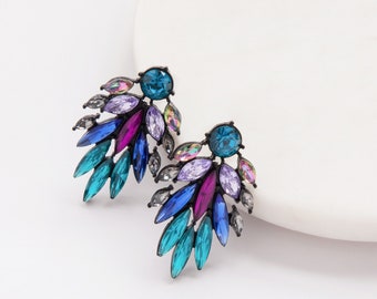 Teal Blue Peacock Earrings, Multi-Coloured Crystal Gemstone Leaf Style Feather Earrings, Unique Birding Drop Luxury Statement Earrings-Large