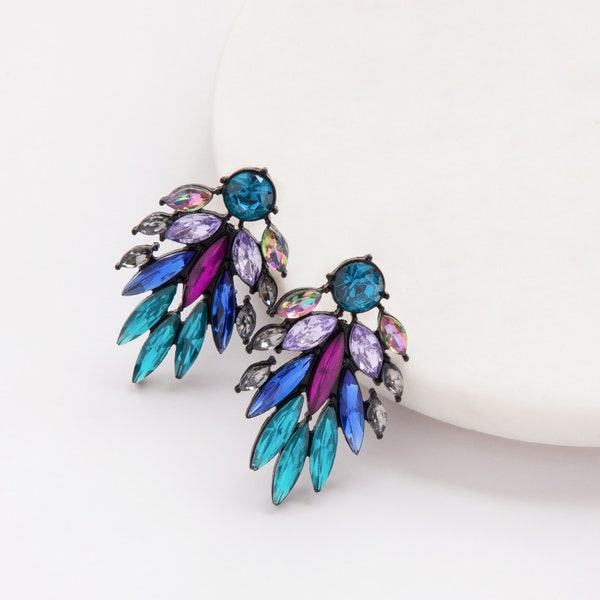 Teal Blue Peacock Earrings, Multi-Coloured Crystal Gemstone Leaf Style Feather Earrings, Unique Birding Drop Luxury Statement Earrings-Large