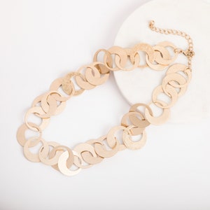 Interlocking Circle Necklace, Hollow Coin Linked Necklace, Matt Gold Inter Linked Discs Chain Necklace