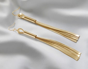 Long Gold Earrings Flat Tassel Gold Earrings Fringe Tassel Earrings Snake Chain Gold Dangly Earrings Dangle Earrings