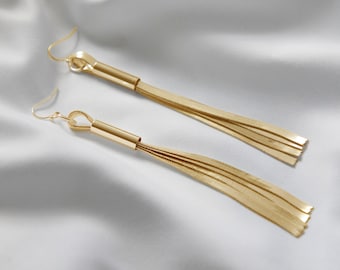 Long Gold Earrings Flat Tassel Gold Earrings Fringe Tassel Earrings Snake Chain Gold Dangly Earrings Dangle Earrings