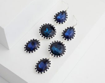 Drop Earrings | Navy Earrings | Blue Crystal Earrings | Dangling Earrings | Silver | Border Earrings | Bridal Earrings