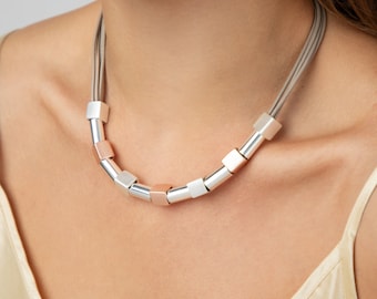 Modern Statement Necklace Three Tone Necklace Silver Geometric Beaded Necklace Leather Multi Strand Layered Silver Pink Grey Necklace