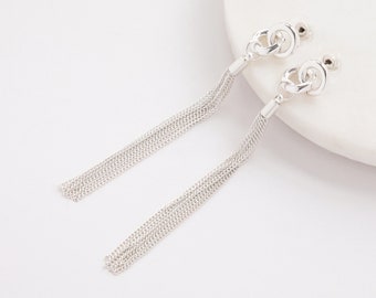 Long Shiny Silver Knot Tassel Earrings, Elegant Long Silver Knot Tassel Earrings, Silver Knot Tassel Earrings for a Touch of Glamour