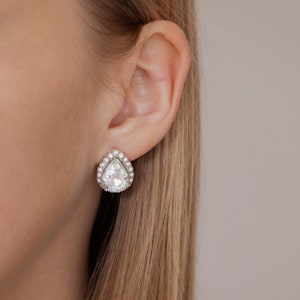 Crystal encrusted silver teardrop stud earrings, Large Crystal Teardrop Bridal Earrings, Teardrop Crystal and Sterling Silver Earrings