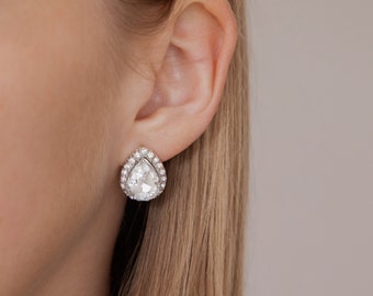 Crystal encrusted silver teardrop stud earrings, Large Crystal Teardrop Bridal Earrings, Teardrop Crystal and Sterling Silver Earrings