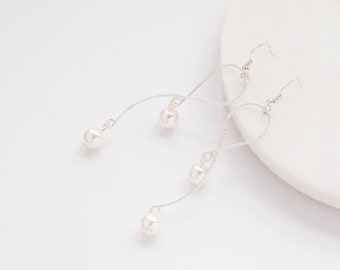 Sophisticated Silver Pearl Drop Snake Chain Earrings, Luxurious Silver Pearl Drop Earrings on Fine Snake Chain, Elegant Pearl Drop Earrings