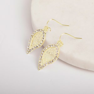 Gold Leaf Earrings, Crystal Encrusted Leaf Earrings, Leaf Drop Earrings, Summer Earrings, Bridal Earrings Gift for Her