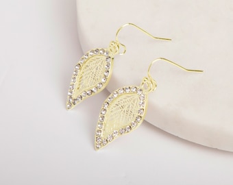 Gold Leaf Earrings, Crystal Encrusted Leaf Earrings, Leaf Drop Earrings, Summer Earrings, Bridal Earrings Gift for Her