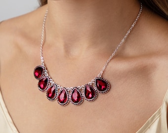 Ruby Red Teardrop Crystal Pendant Necklace: Silver Alloy Jewelry