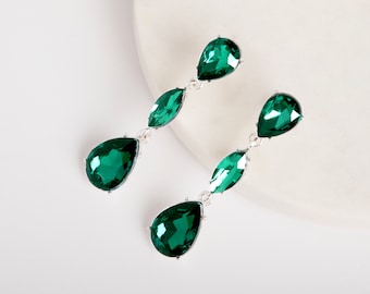 Drop Earrings | Emerald Earrings | Green Crystal Earrings | Dangling Earrings | Silver | May Birthstone | Bridal Earrings