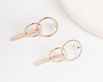 Chic and Modern Rose Gold Double Hoop and Bar Earrings, Statement Rose Gold Double Hoop and Bar Drop Earrings, Double Hoop Bar Drop Earrings