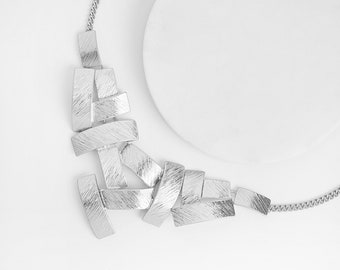 Silver Geometric Necklace, Abstract Statement Necklace, Sculptural Jewelry, Modern Architectural Necklace, Contemporary Silver Jewelry
