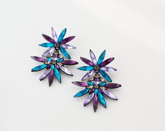 Teal Blue Peacock Earrings, Multi-Coloured Crystal Gemstone Star Style Earrings, Unique Long Drop Luxury Statement Earrings-Large