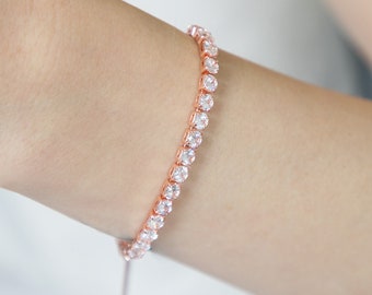 Crystal Rose Gold Tennis Bracelet, Adjustable Crystal Clear Tennis Bracelet, Single Crystal Tennis Bracelet