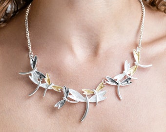 Silver Dragonfly Necklace | Dragonfly Jewellery | Three Tone Necklace | Dragonfly Pendant | Bird Necklace | Dainty Necklace | Long Necklace
