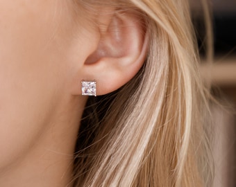 Brilliant Square Cut Diamond Earrings, Princess Cut crystal Stud Earrings in Sterling Silver, Square Cut Crystal Earrings, Ear Piercing Stud